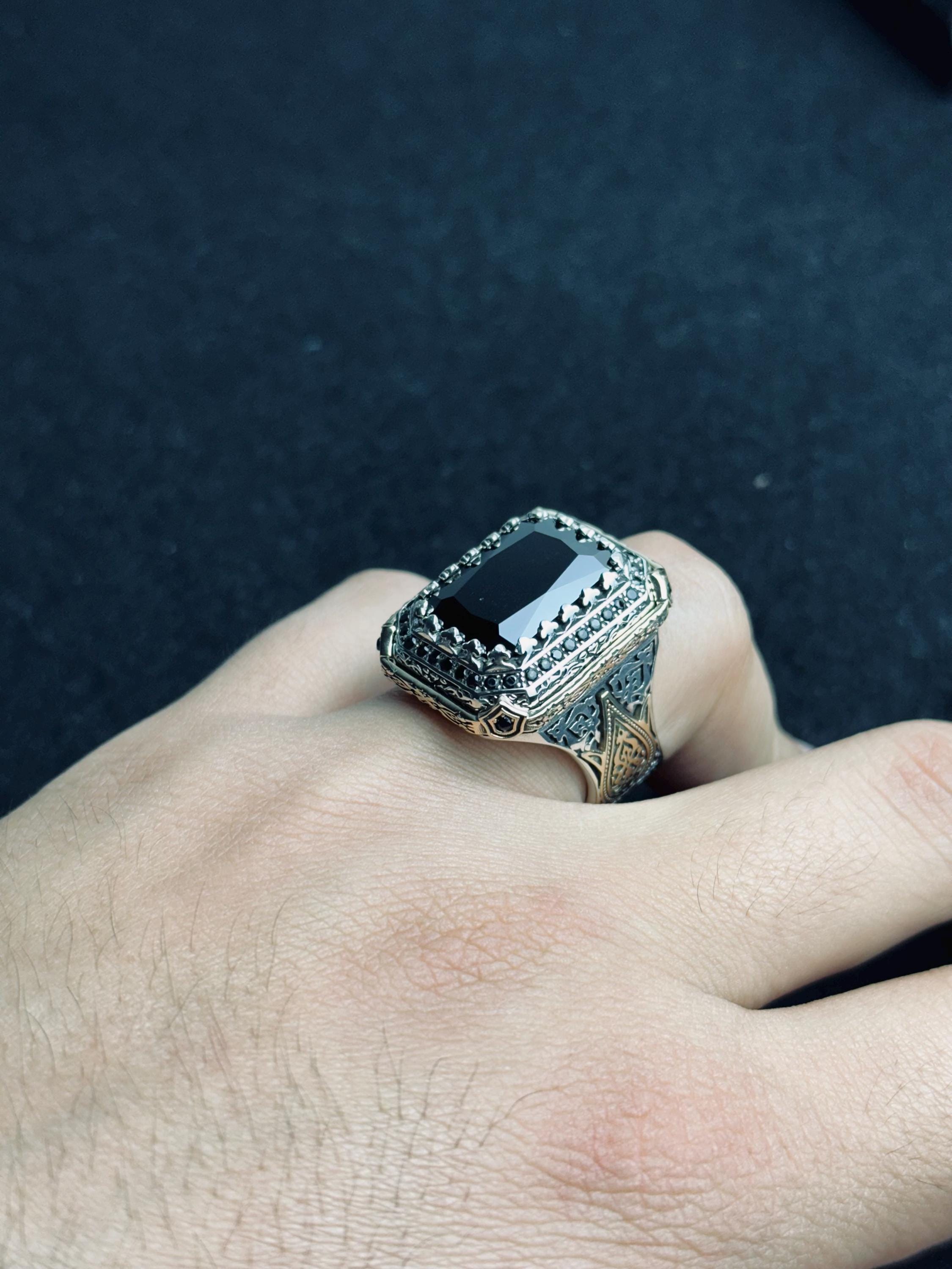 Square Black Zircon Men's Ring - Handmade Sterling Silver Vintage Look