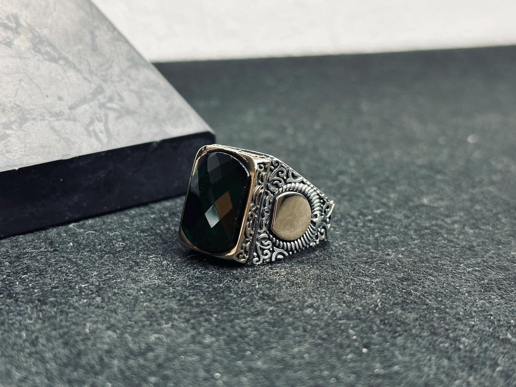 Men’s Emerald Ring: Square Stone, Crescent Star - Sterling Silver