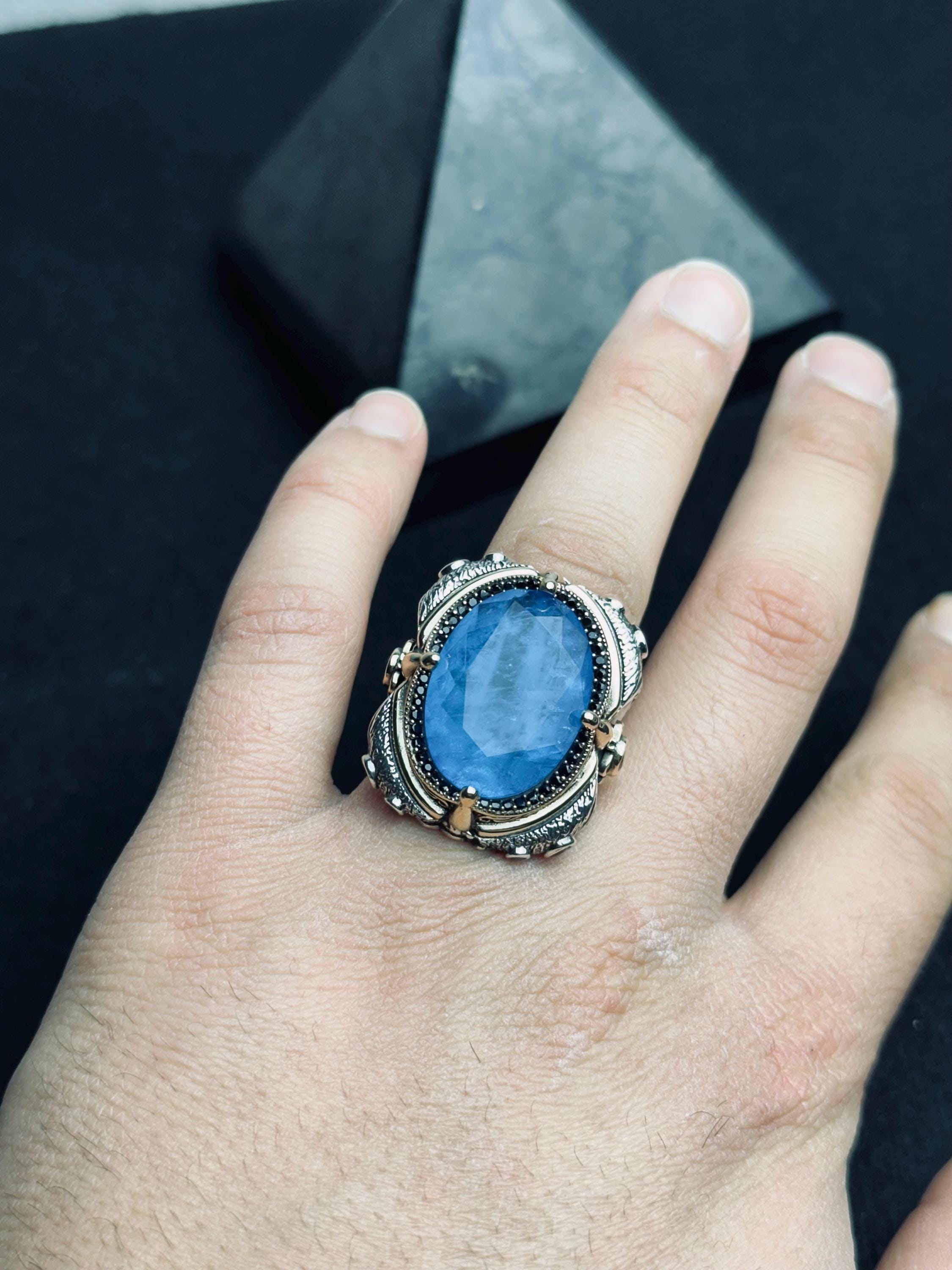 Handmade Sterling Silver Men’s Ring with Large Blue Gemstone – Vintage Ottoman Style Statement Ring, Bold Warrior Ring, Gift for Him