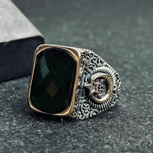 Colombian Emerald Ring for Men: Square Cut, Moon & Star Design