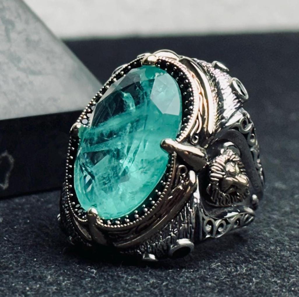 Blue Paraiba Lion Head Ring - Sterling Silver Handmade Men's Statement