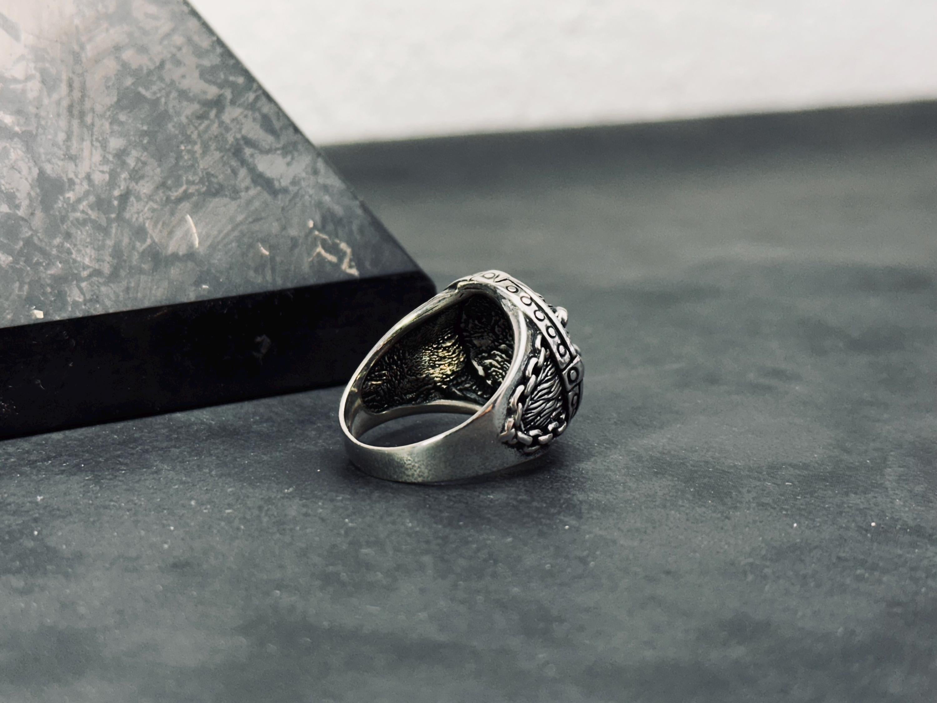 Sterling Silver Lion Ring, Handmade Oxidized Design (Men's Size)