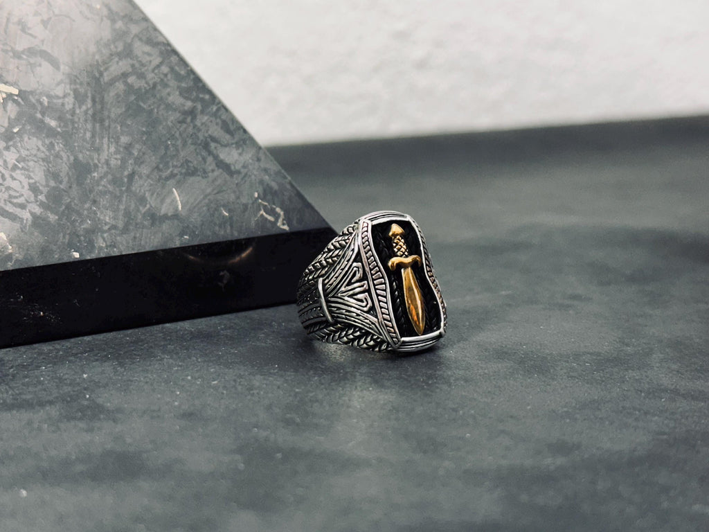 Sword Signet Ring: Handmade Silver with Gold Detail (Adjustable)