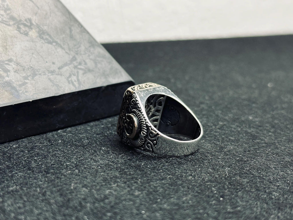 Square Amber Men's Ring - Sterling Silver, Moon and Star Accent