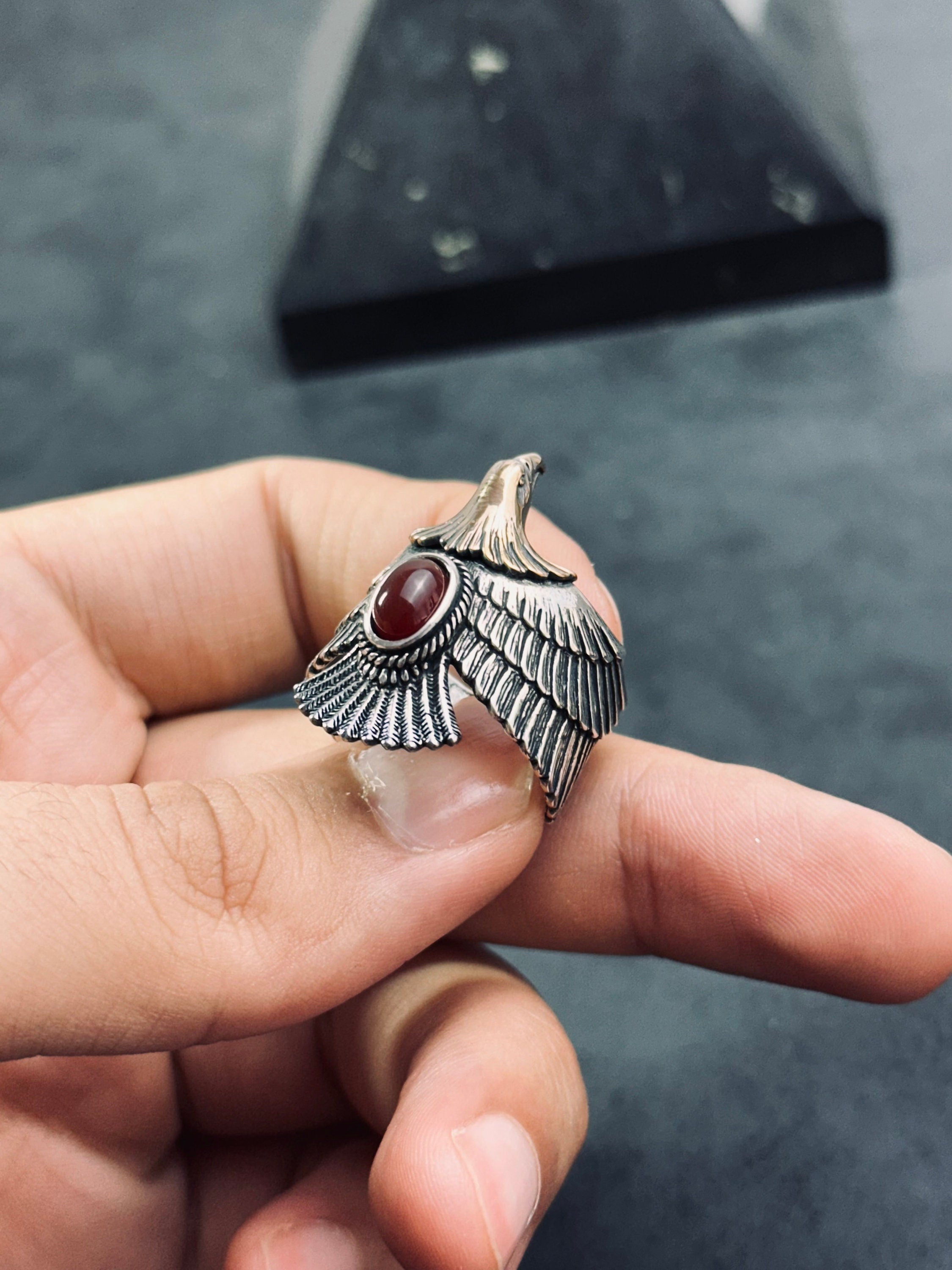 Oxidized Eagle Ring - Sterling Silver, Adjustable with Agate Gemstone