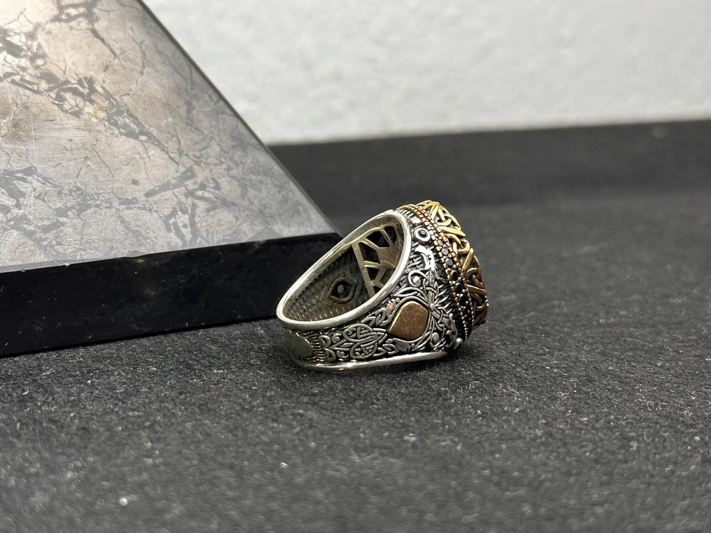 Men's Black Zircon Ring, Sterling Silver Oval (Handmade, Engraved)