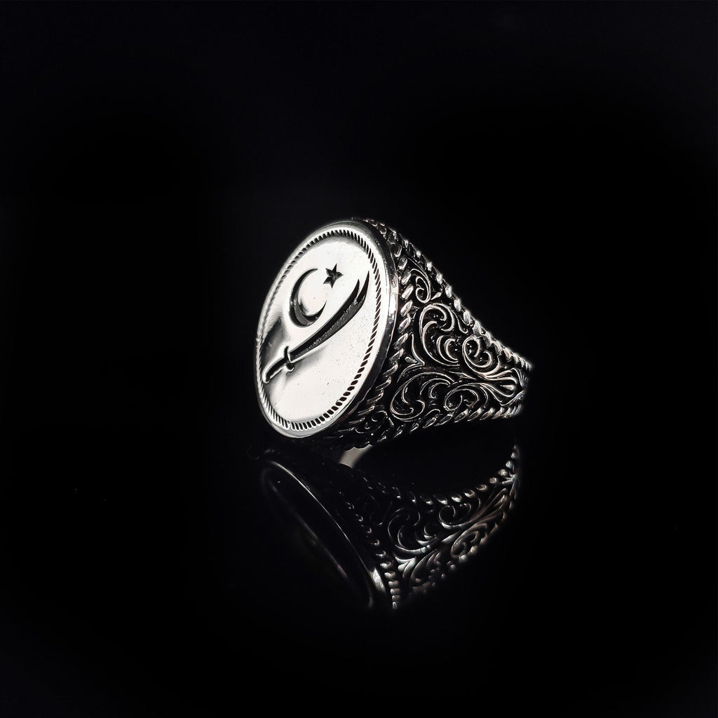 Embroidered Sword Moon Star Ring: Handmade 925 Sterling Silver