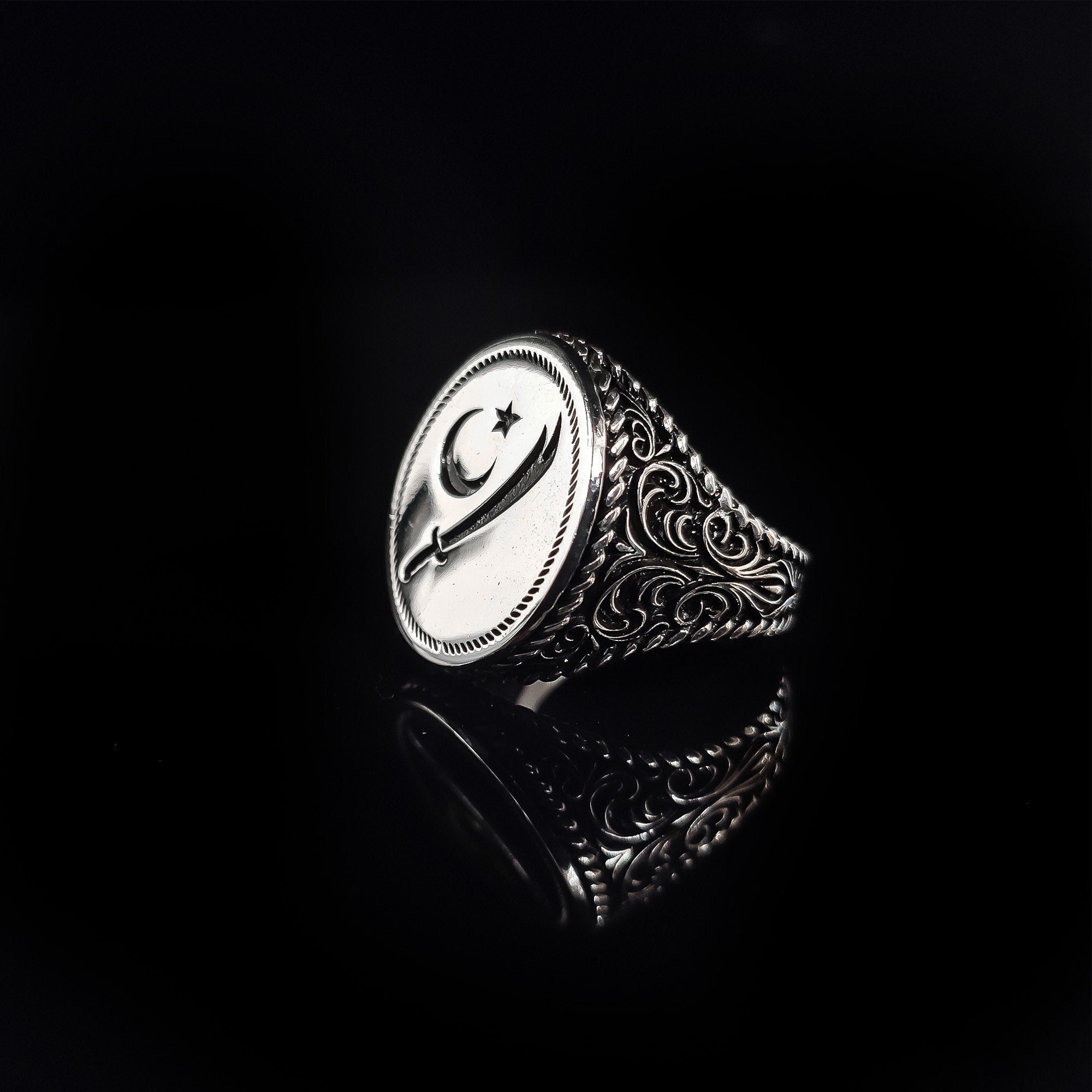 Embroidered Sword Moon Star Ring: Handmade 925 Sterling Silver