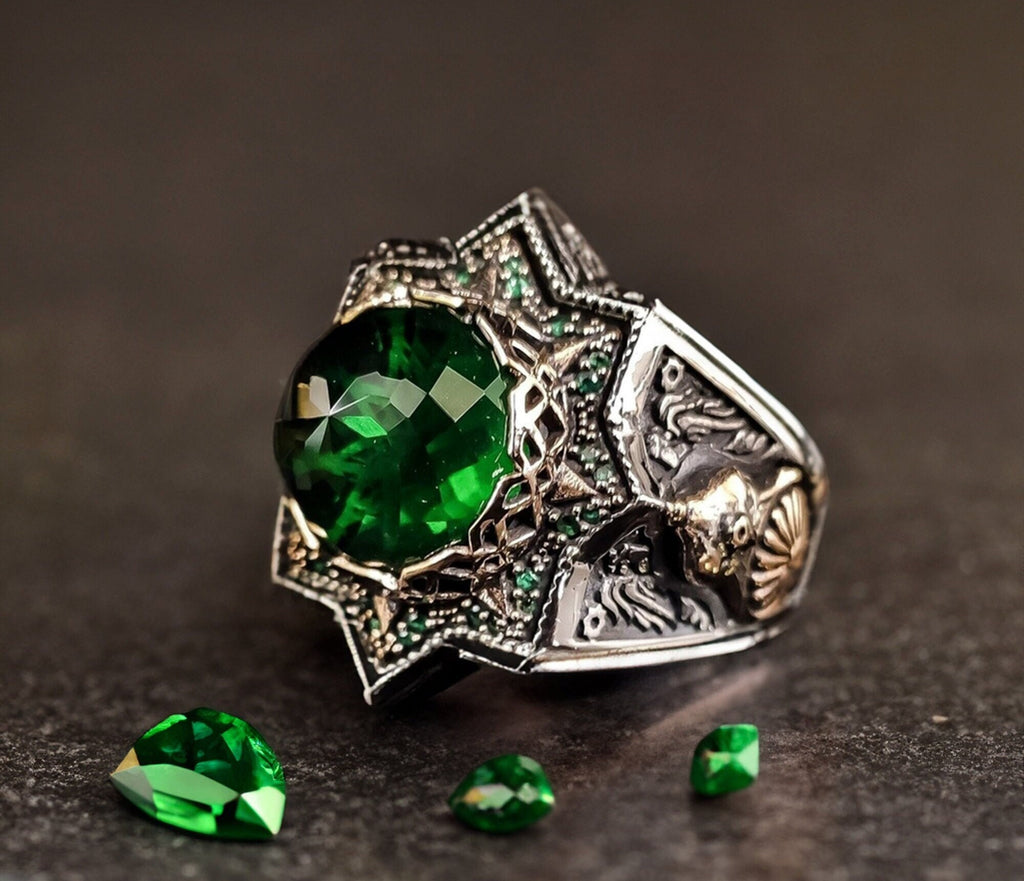 Green Zircon Silver Ring - Ottoman Embroidered Helmet Style