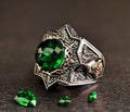 Green Zircon Silver Ring - Ottoman Embroidered Helmet Style