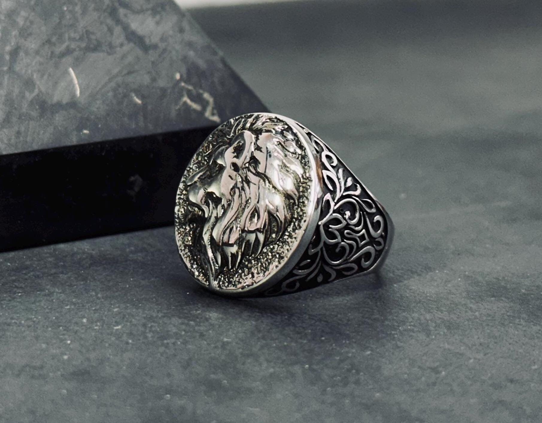Engraved Lion Head Ring: Sterling Silver Men's Statement Jewelry