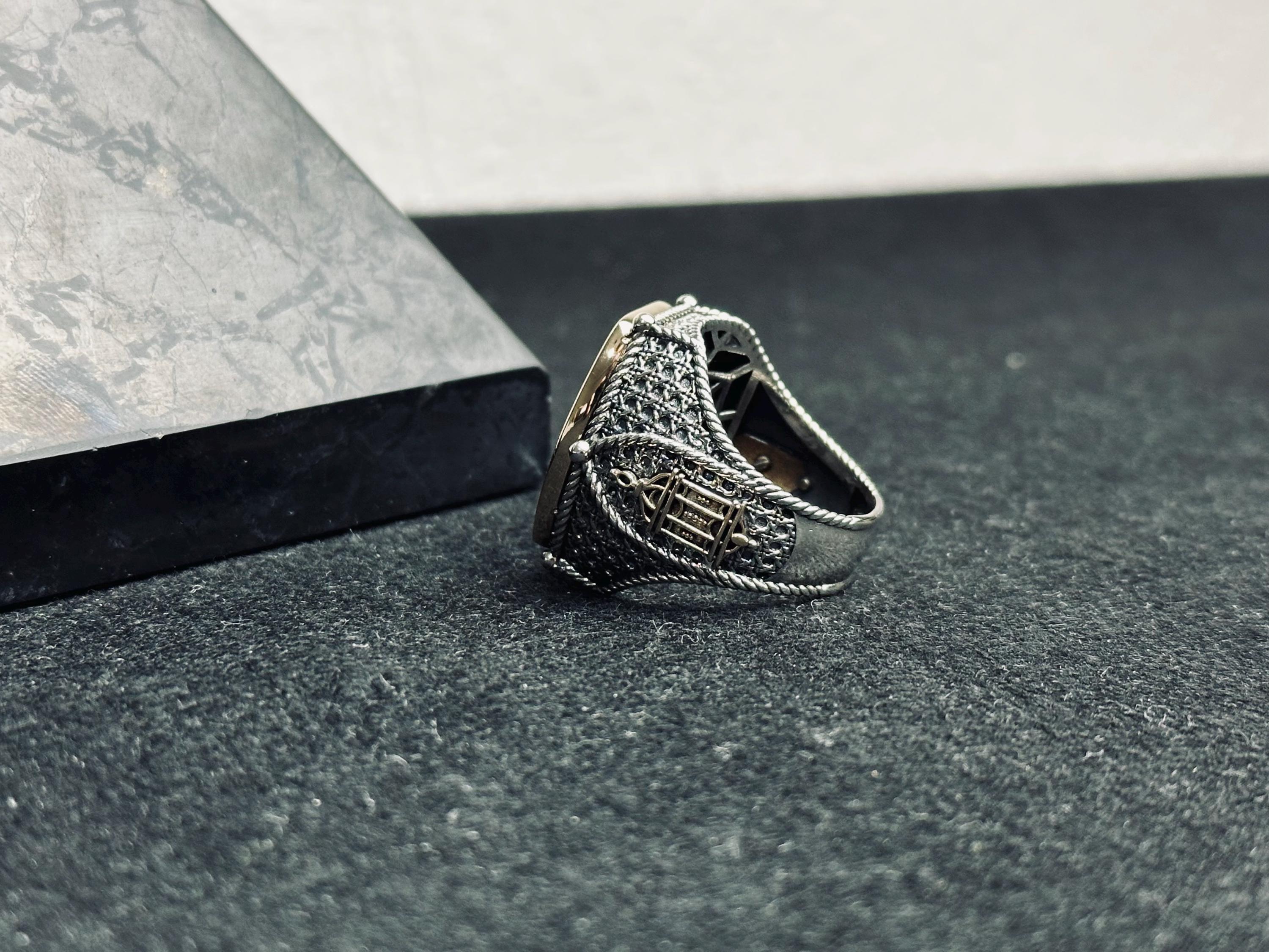 Turquoise Men's Ring - Sterling Silver with Zircon and Mosque Detail