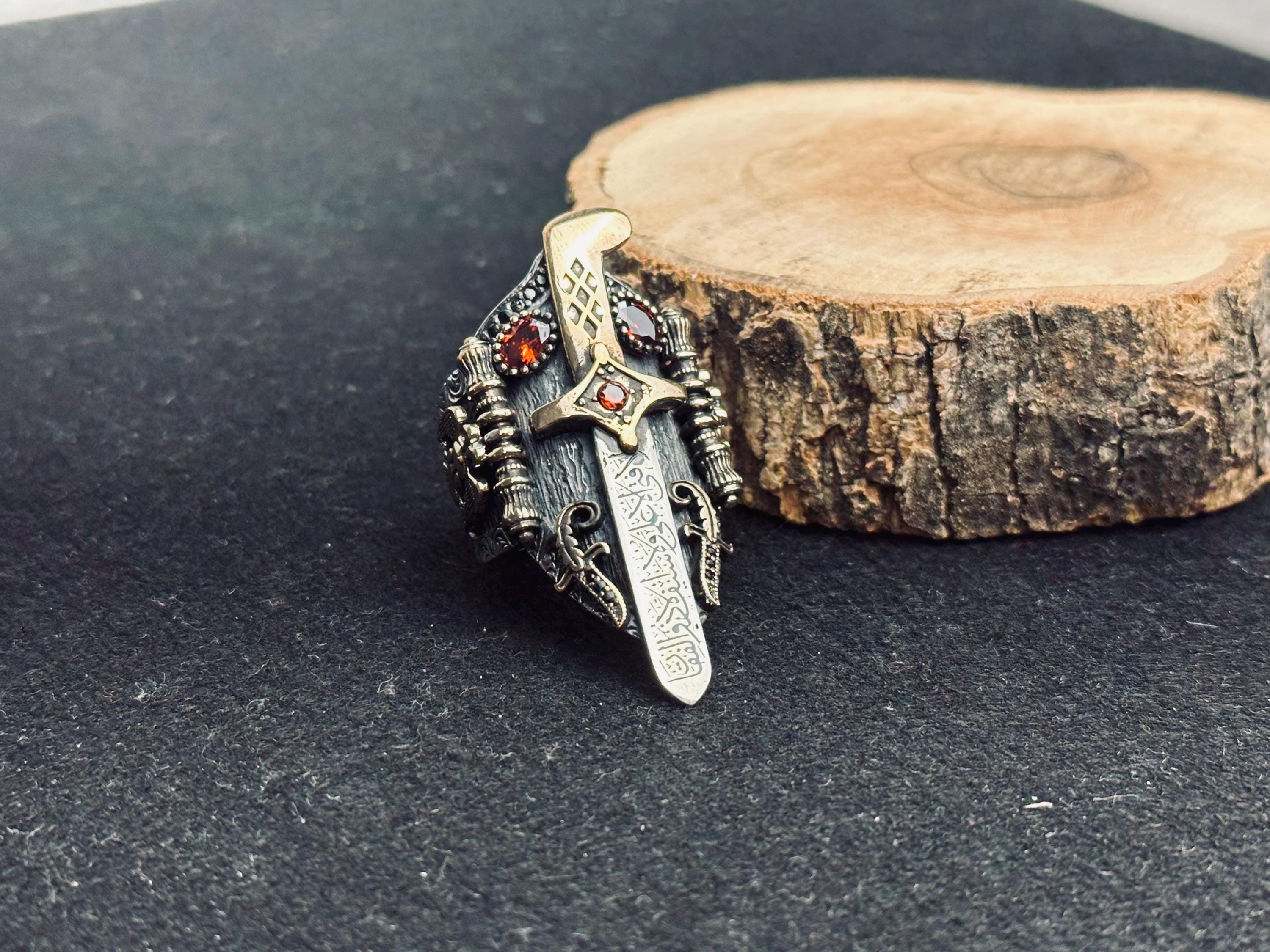 Sterling Silver Gothic Dagger Ring, Red Stone Sword Ring, Medieval Fantasy Jewelry, Dark Aesthetic Statement Ring, Unique Gift