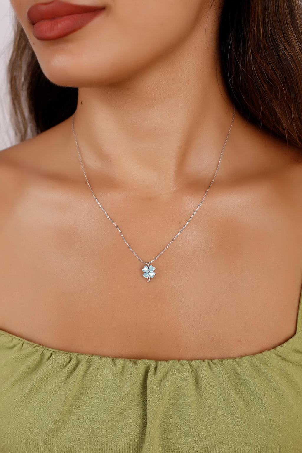 Sterling Silver Blue Zircon Clover Necklace, Lucky Charm Jewelry