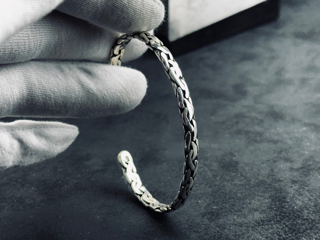 Sterling Silver Bangle: Knitted Design - Handmade Adjustable Cuff