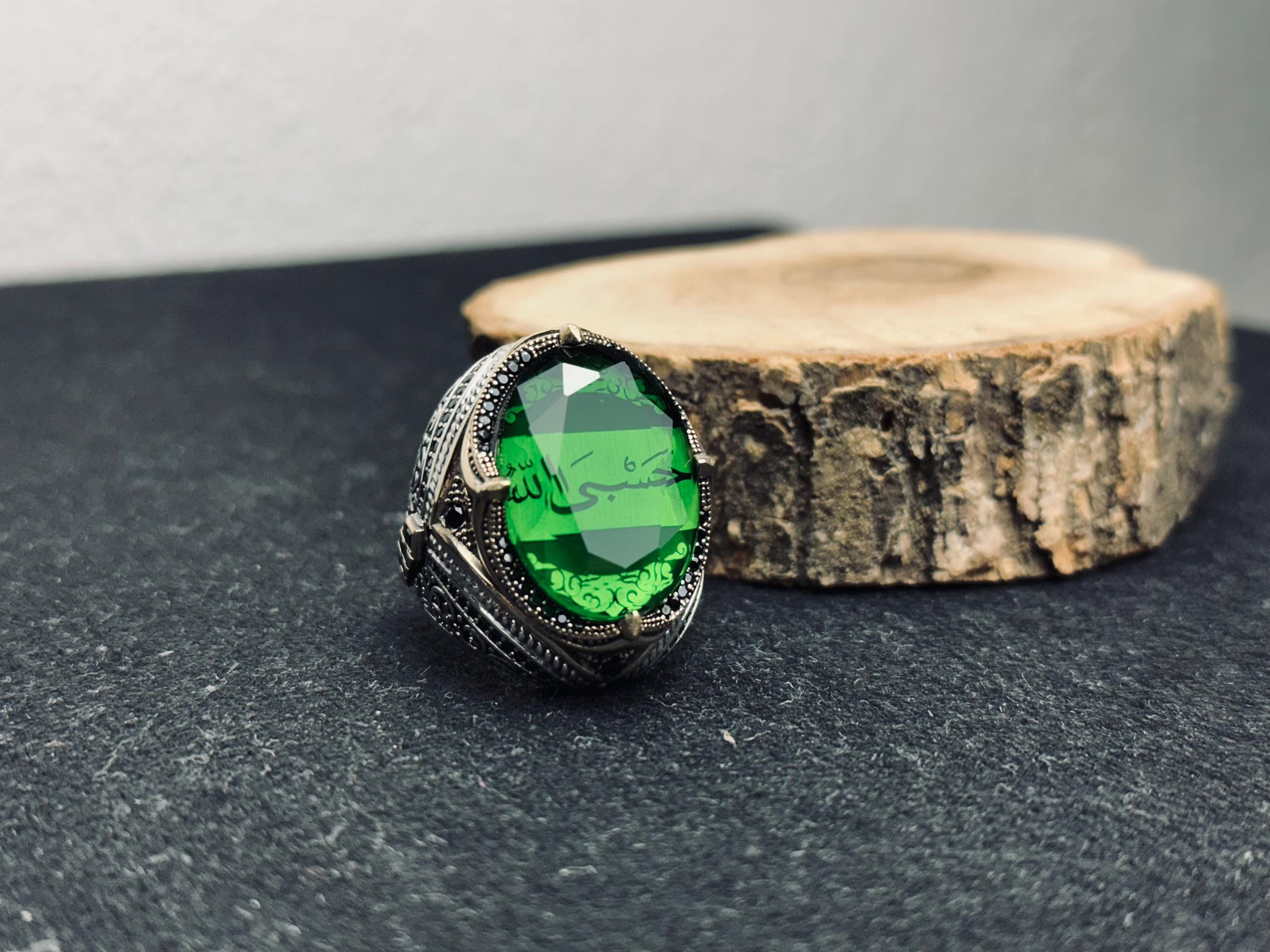 Emerald Islamic Ring: Sterling Silver, Quran Verse, Handmade