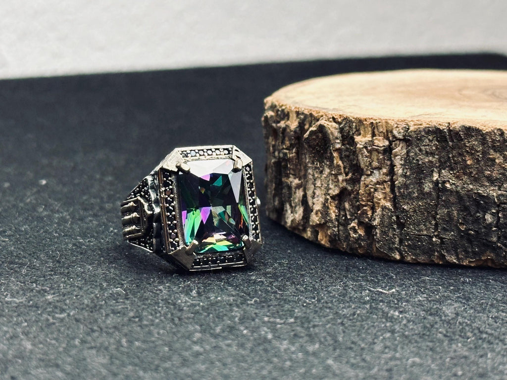 Mystic Topaz Sterling Silver Ring, Square Cut (Men's Statement)