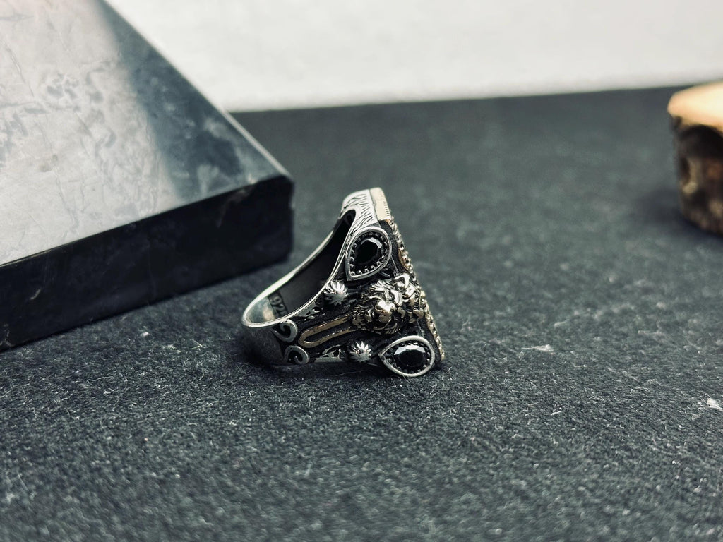 Men’s Silver Ring: Black Zircon Stones - Handmade Turkish Jewelry