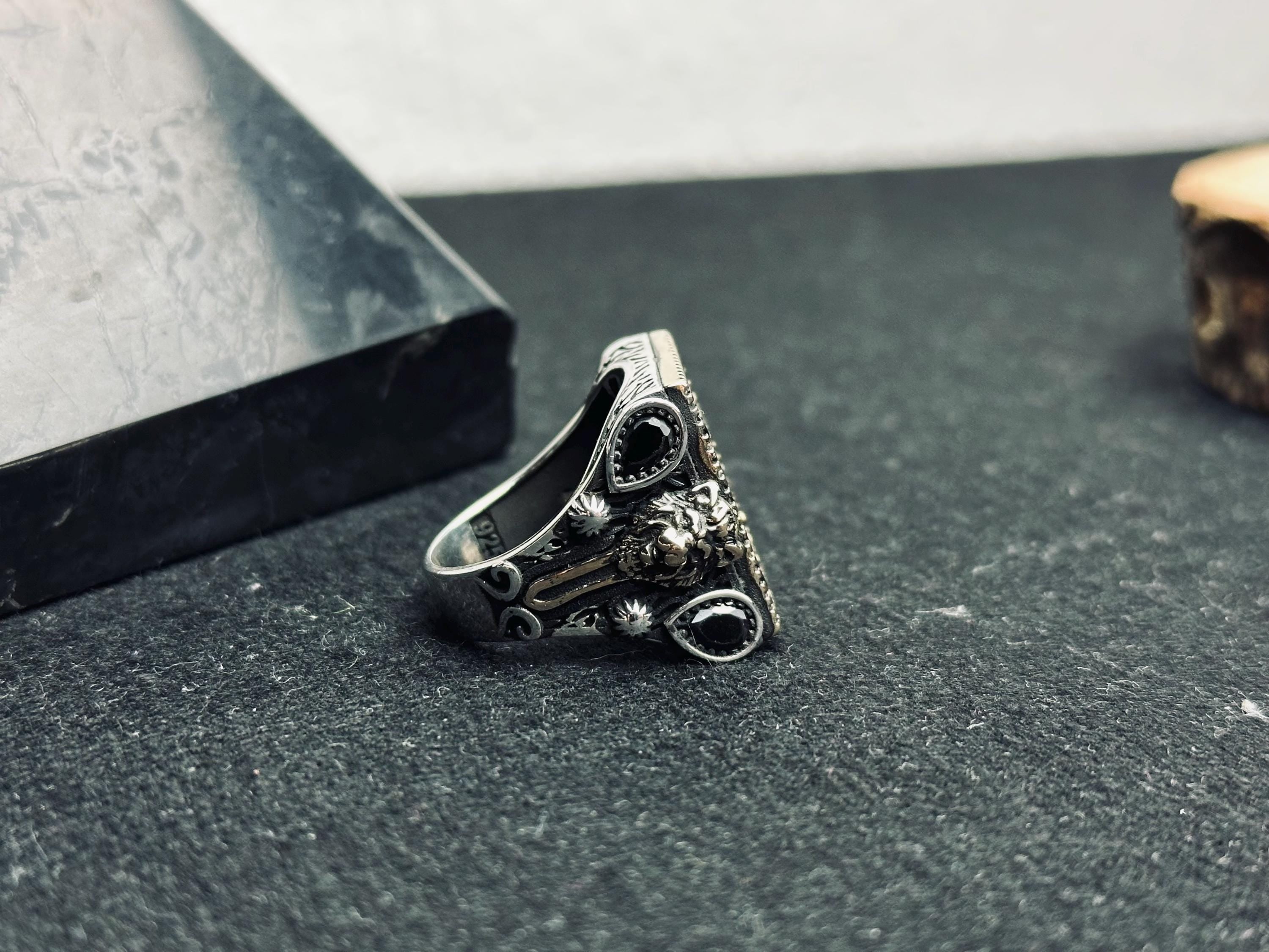 Men’s Silver Ring: Black Zircon Stones - Handmade Turkish Jewelry