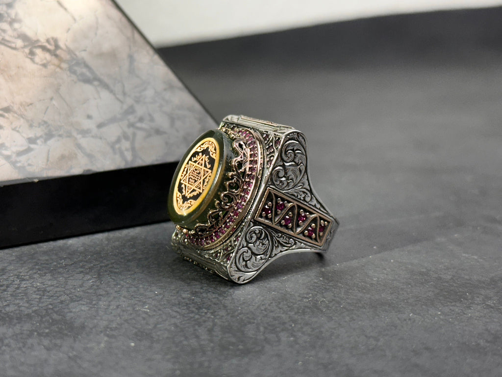 Green Amber Solomon Ring: Sterling Silver, Big Men's Signet