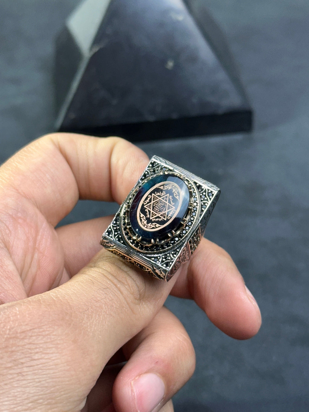 Solomon Seal Ring - Sterling Silver Amber Stone for Men
