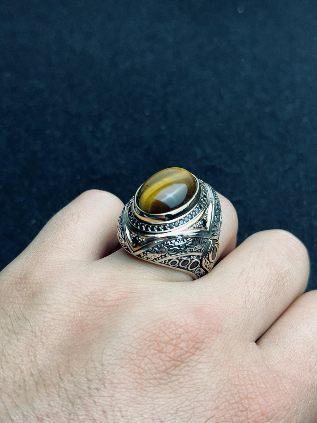 Tiger Eye Silver Ring, Men's Oval Statement (Handmade, Spiritual)
