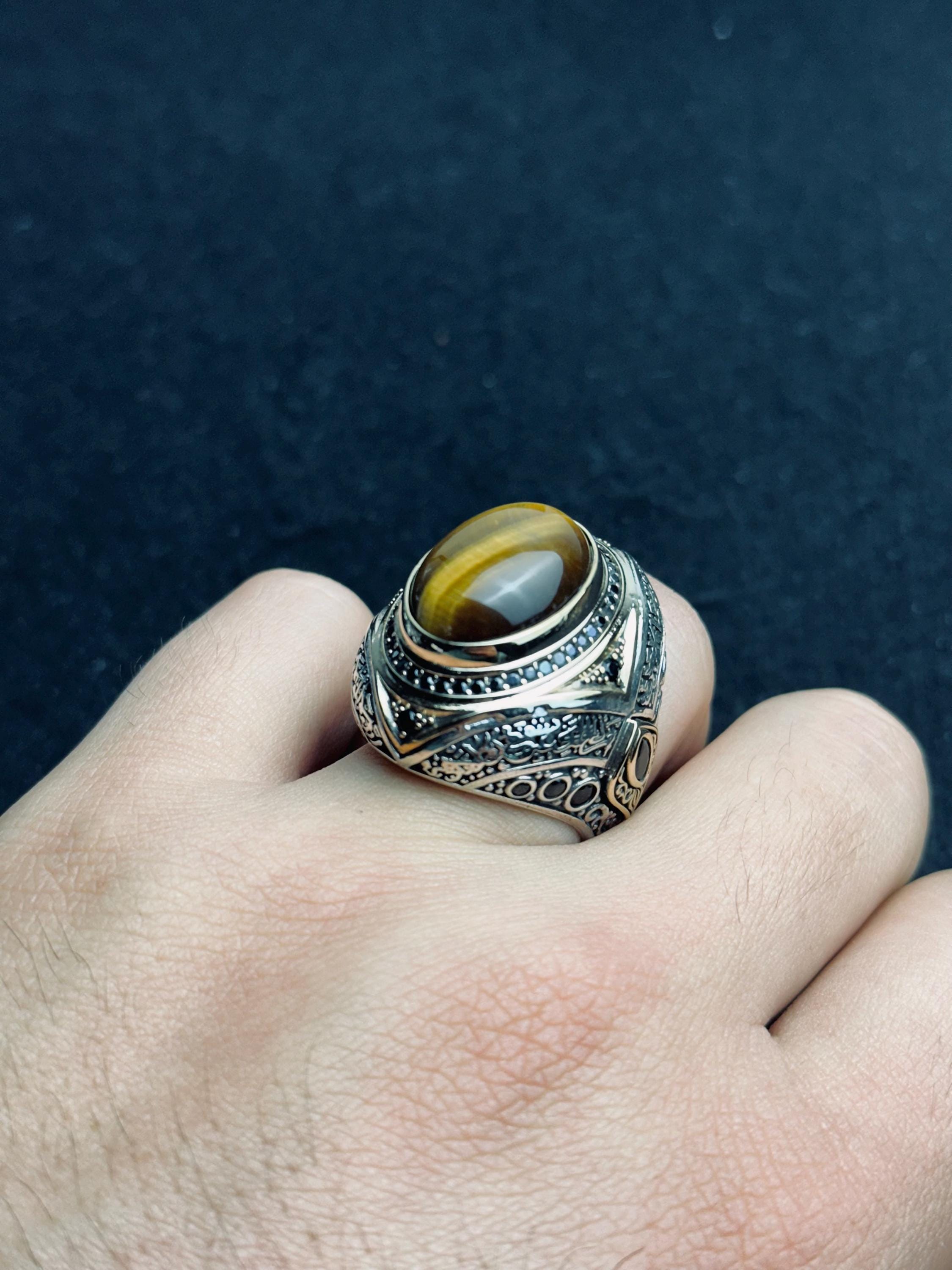 Tiger Eye Silver Ring, Men's Oval Statement (Handmade, Spiritual)