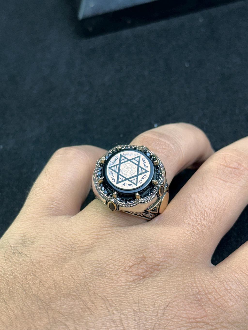 Engraved Seal of Solomon Ring: Amber, Sterling Silver (Men's Signet)