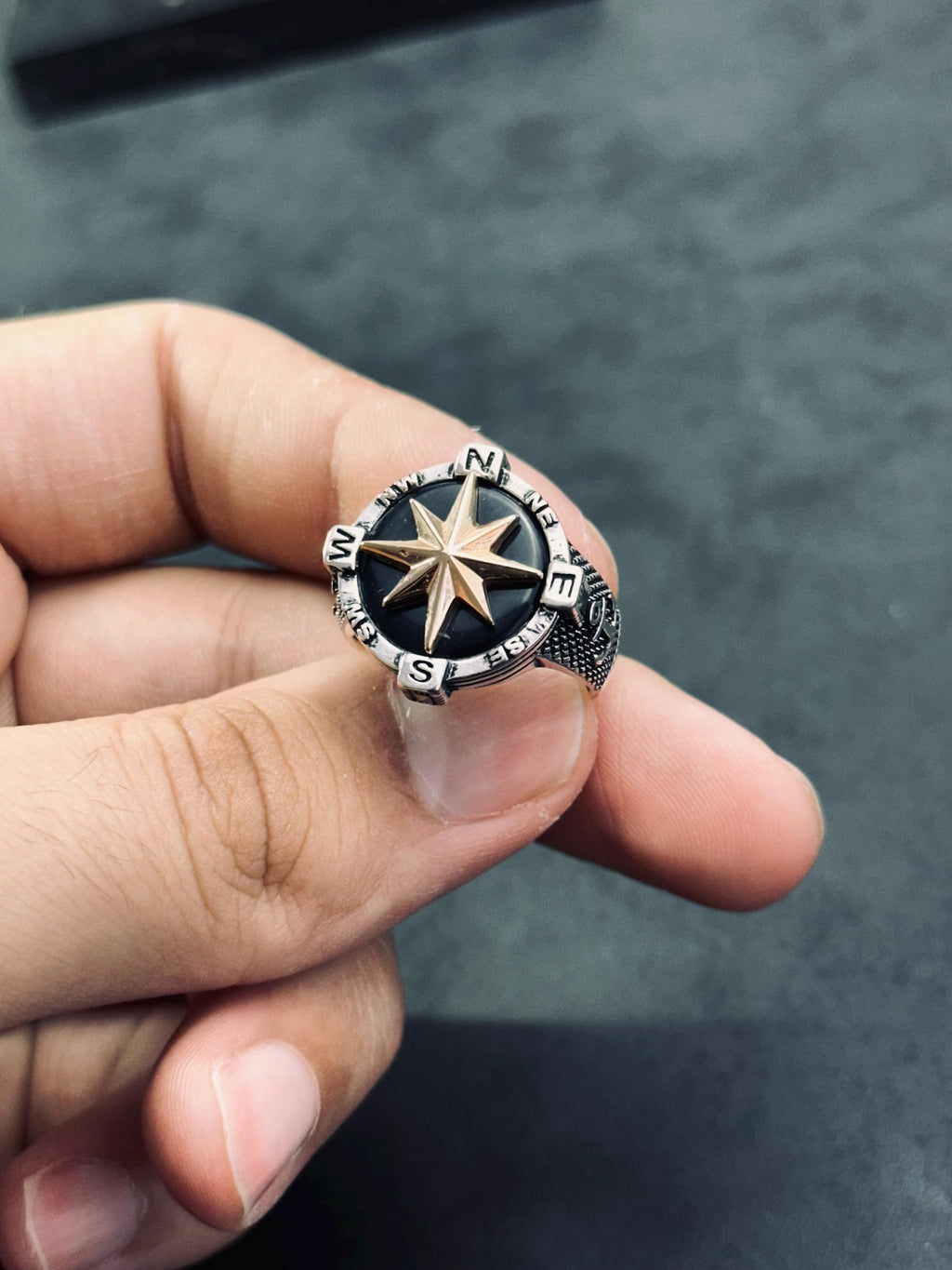 Unisex Sterling Silver Compass Ring, North Star (Handmade)