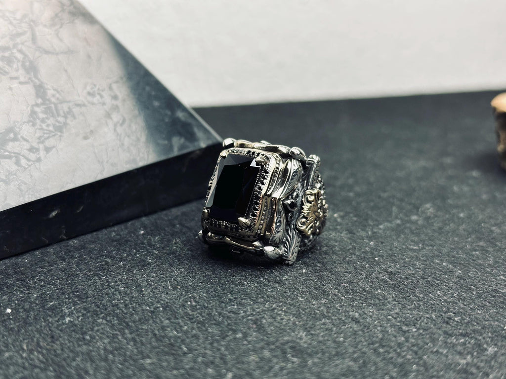 Men's Square Zircon Ring: Bold Black Stone (925 Sterling Silver)