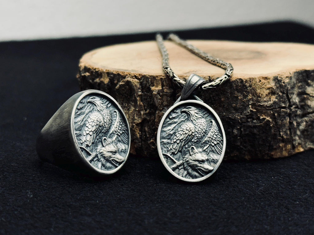 Sterling Silver Eagle Necklace and Ring Set - Handmade Winged Jewelry