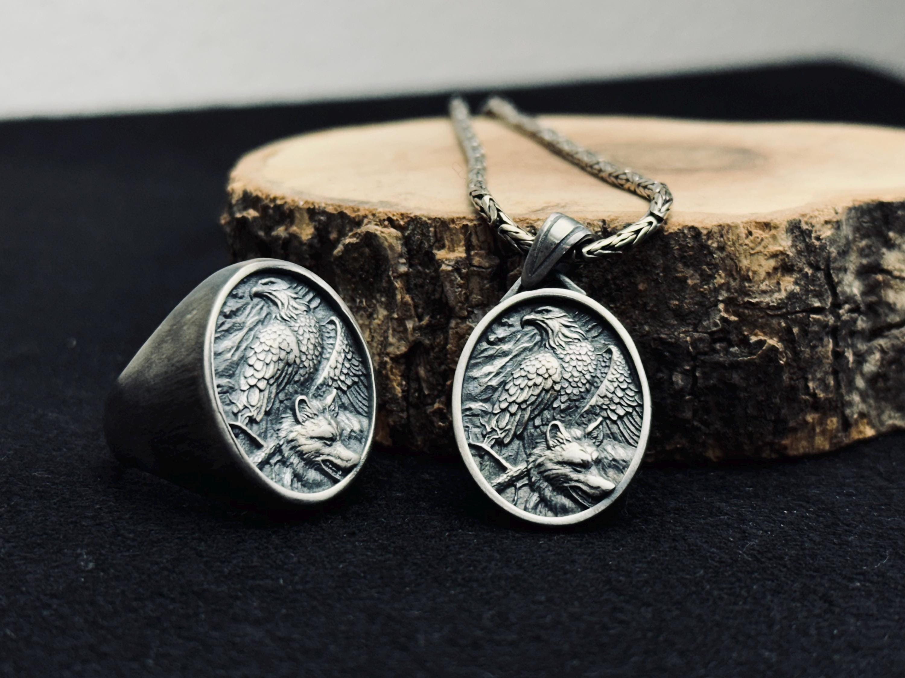 Sterling Silver Eagle Necklace and Ring Set - Handmade Winged Jewelry