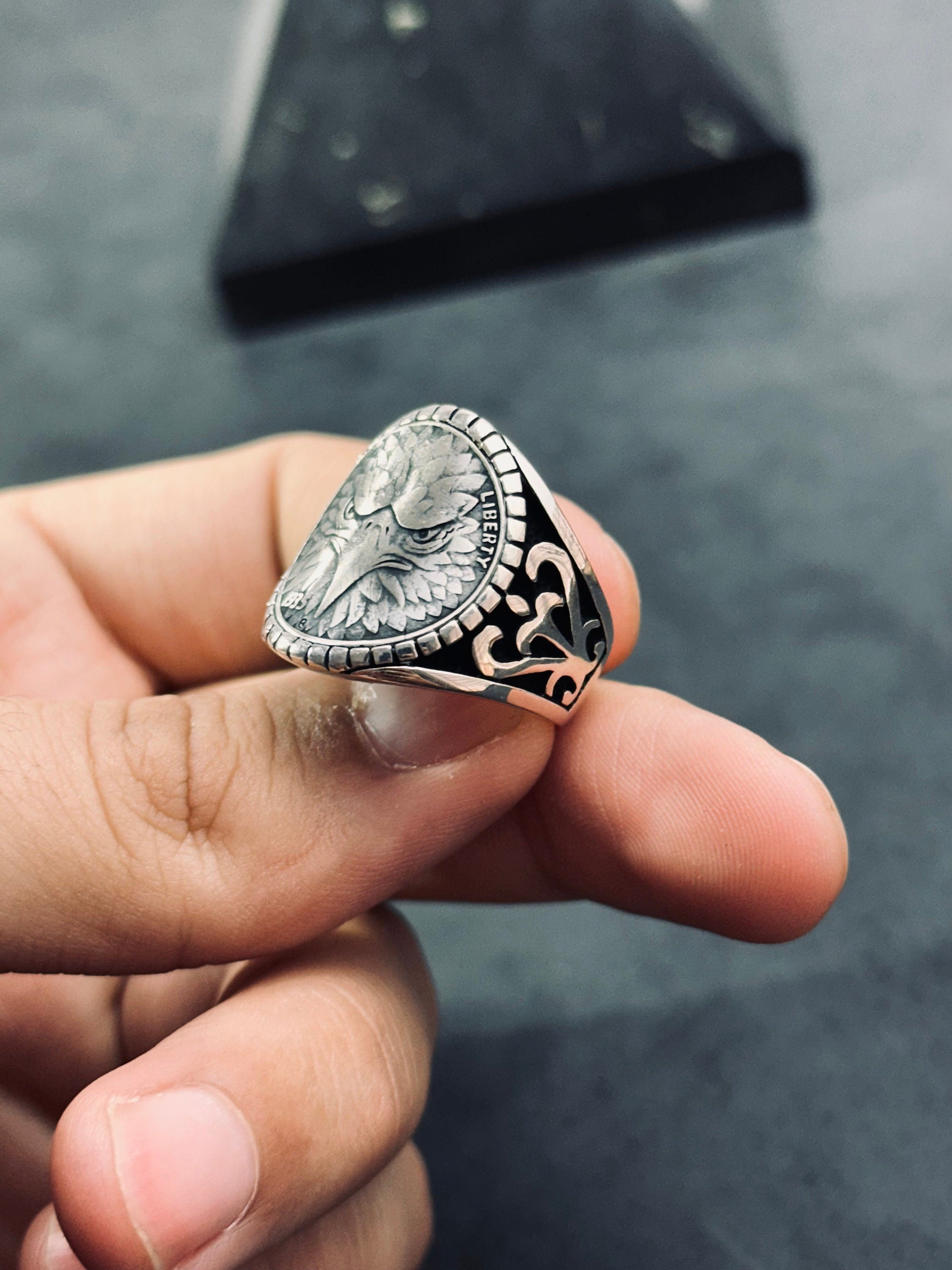 Sterling Silver Eagle Ring, Handmade Bold Design (Men's Size)