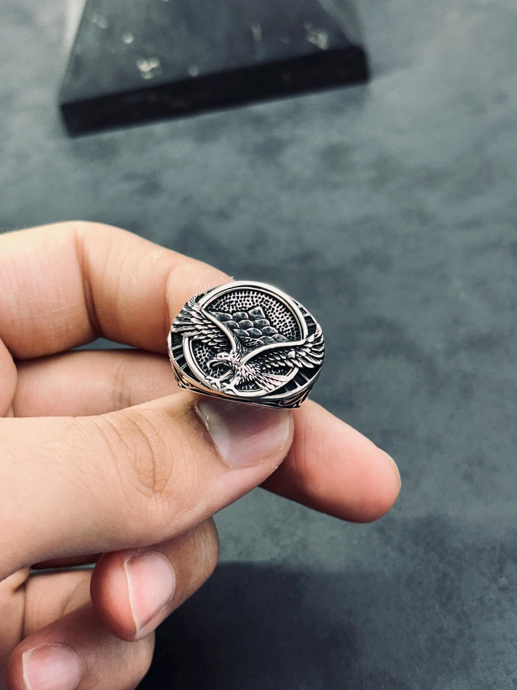 Oxidized Sterling Silver Eagle Ring: Handmade Engraved Design