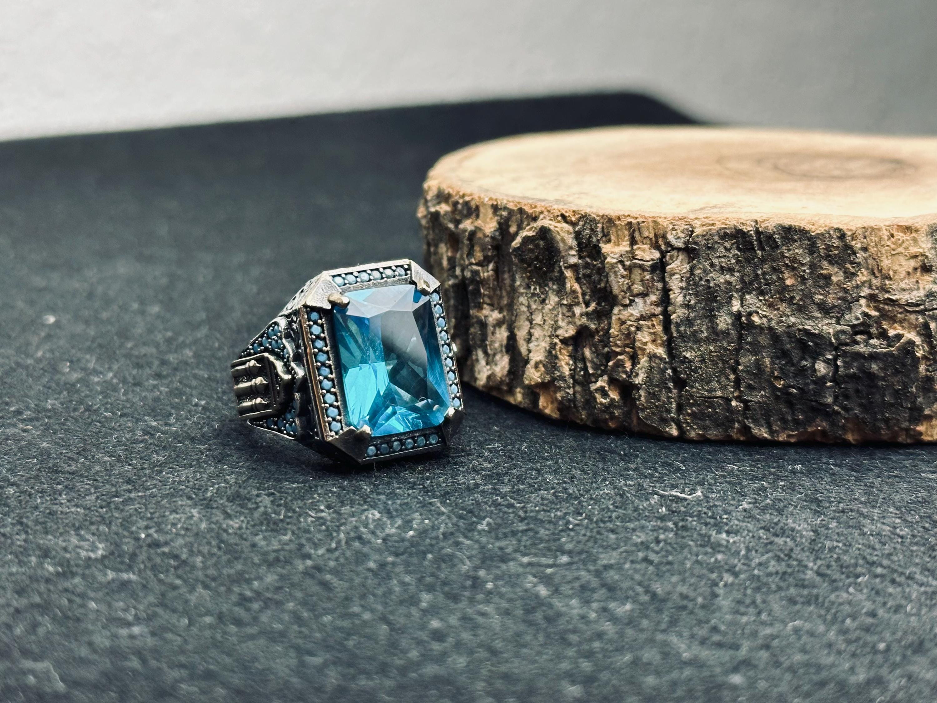 Aquamarine Ring: Men's Sterling Silver Square Cut (Handmade Turkish)