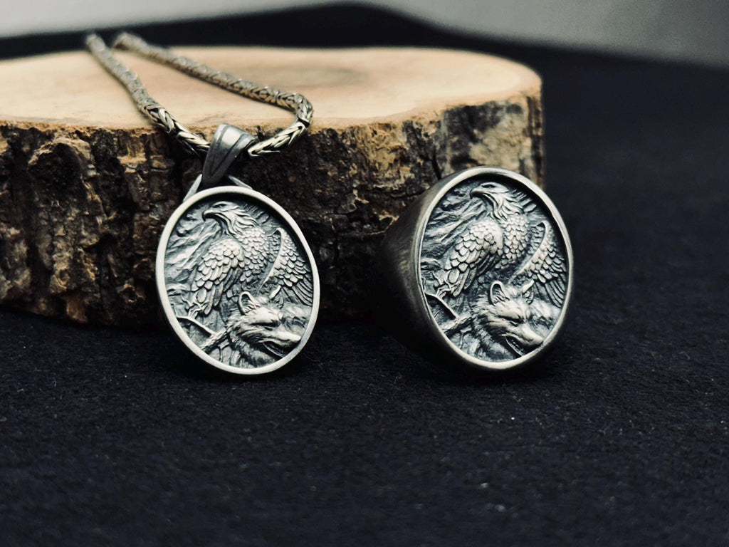 Sterling Silver Eagle Necklace and Ring Set - Handmade Winged Jewelry