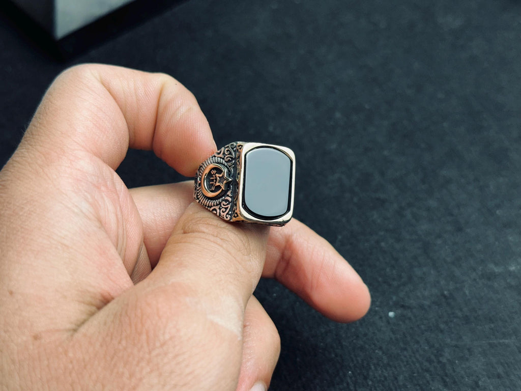 Men's Onyx Ring: Square Ottoman Design - Sterling Silver