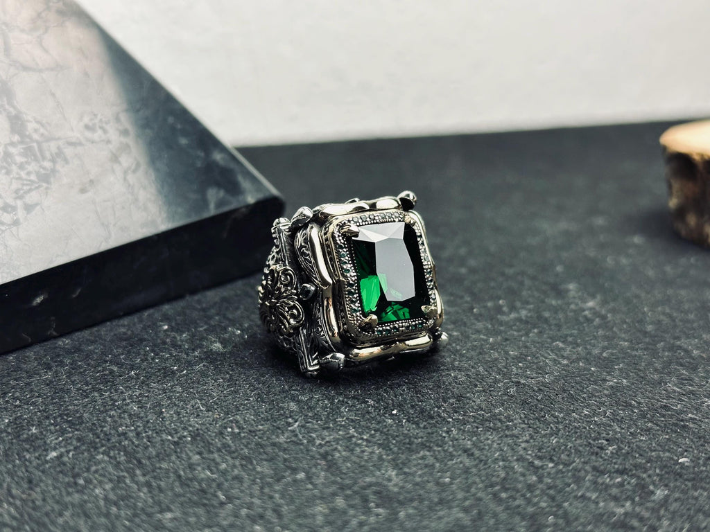 Men’s Emerald Ring: Bold Square Gem - Handmade Sterling Silver