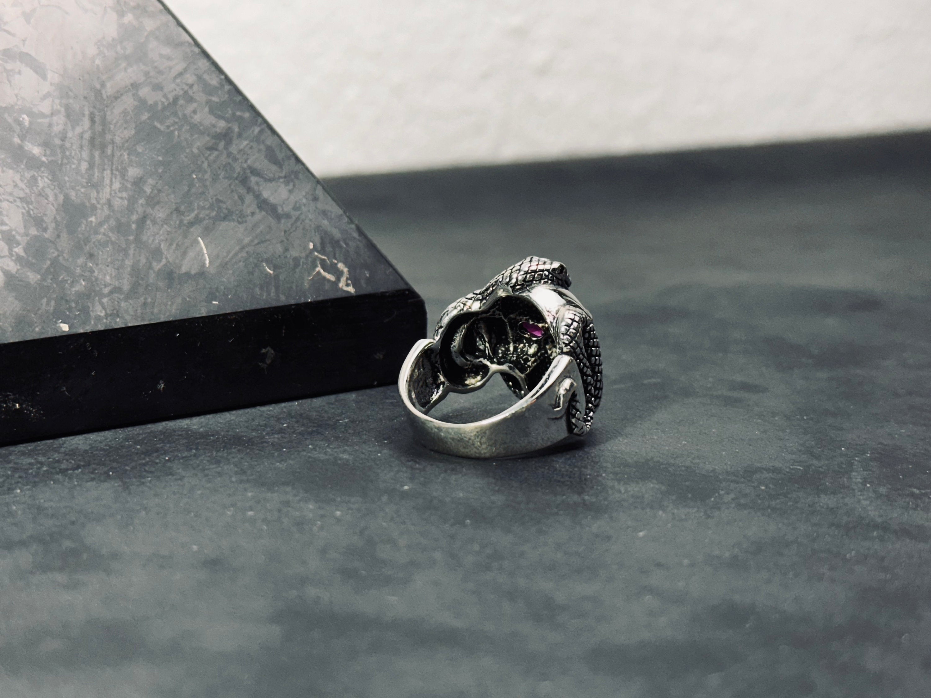 Sterling Silver Skull Snake Ring - Gothic Biker Style Jewelry