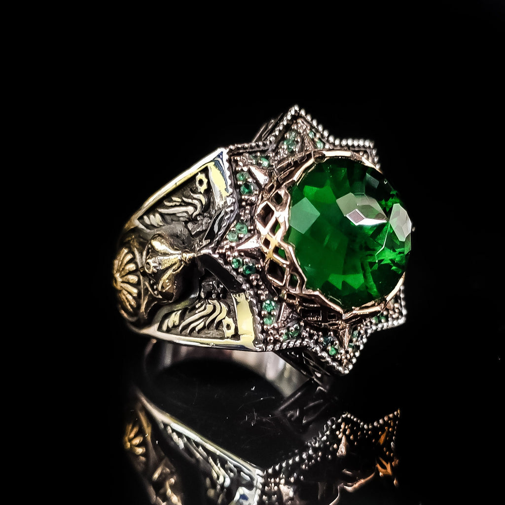 Green Zircon Silver Ring - Ottoman Embroidered Helmet Style