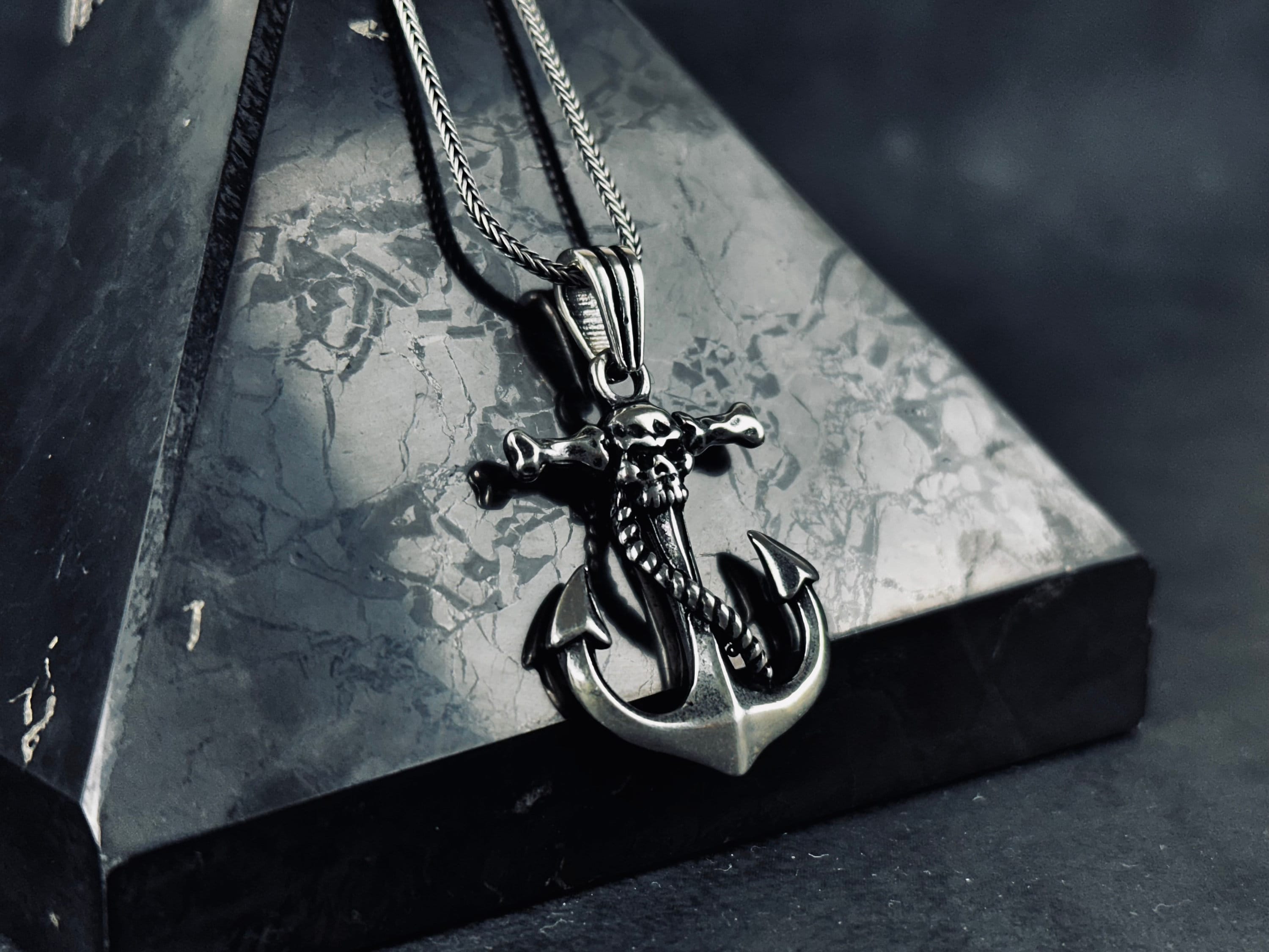 Nautical Silver Necklace, Skull and Anchor Pendant (Adjustable Chain)