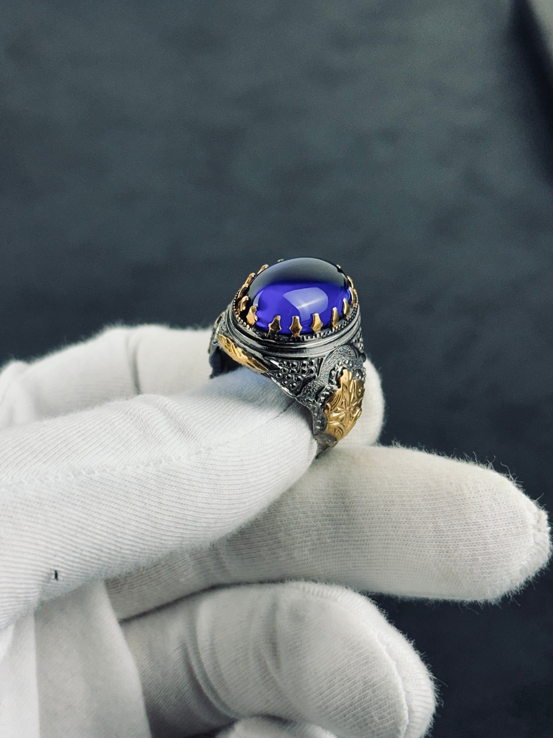 Sterling Silver Ring: Blue Zirconium Stone - Hand Engraved King Theme