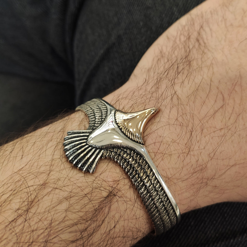 Handmade Sterling Silver Eagle Bracelet (Engraved Cuff, Sapphire)