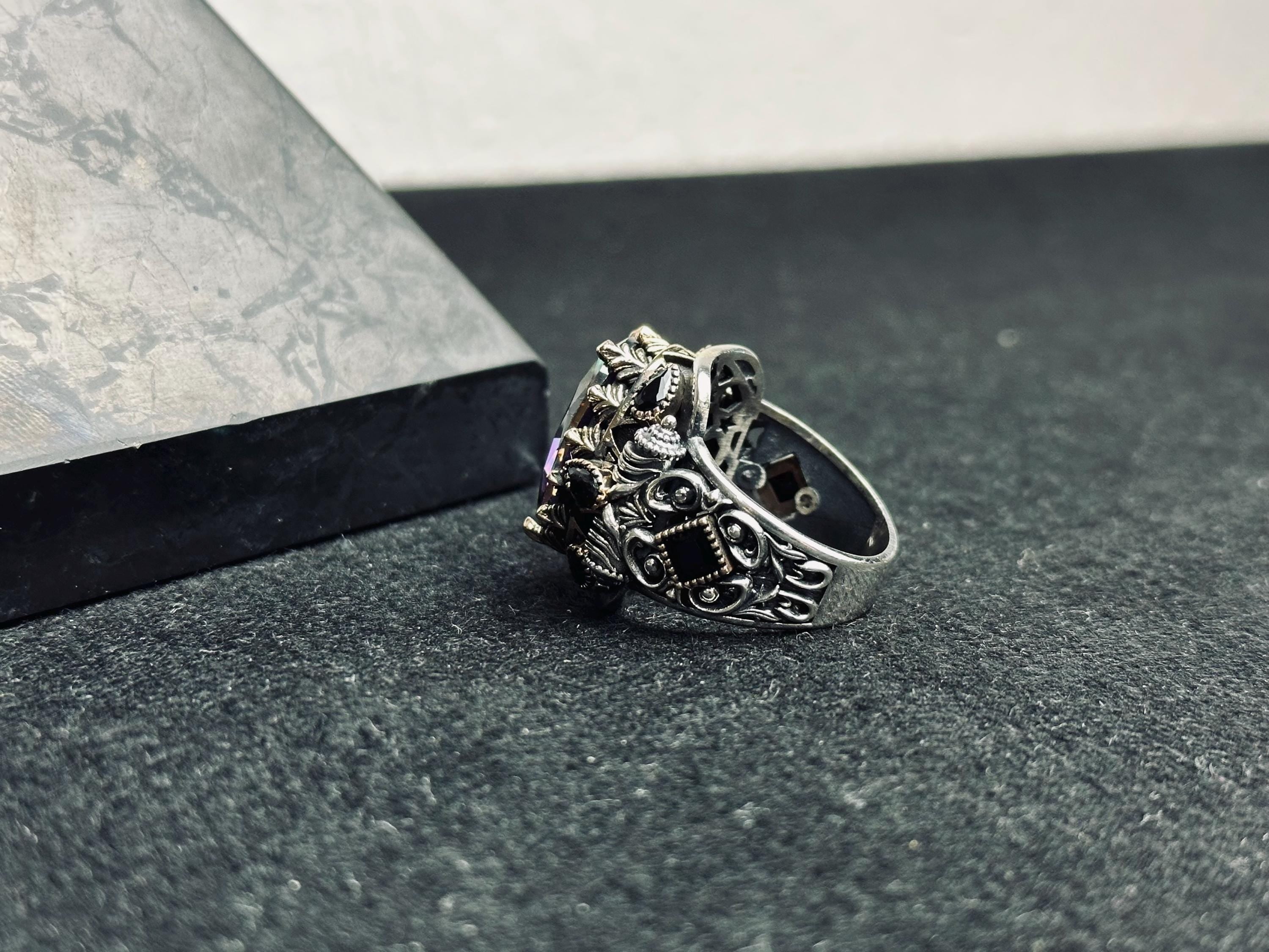 Men's Sterling Silver Ring: Mystic Topaz & Zircon Accents (Handmade)