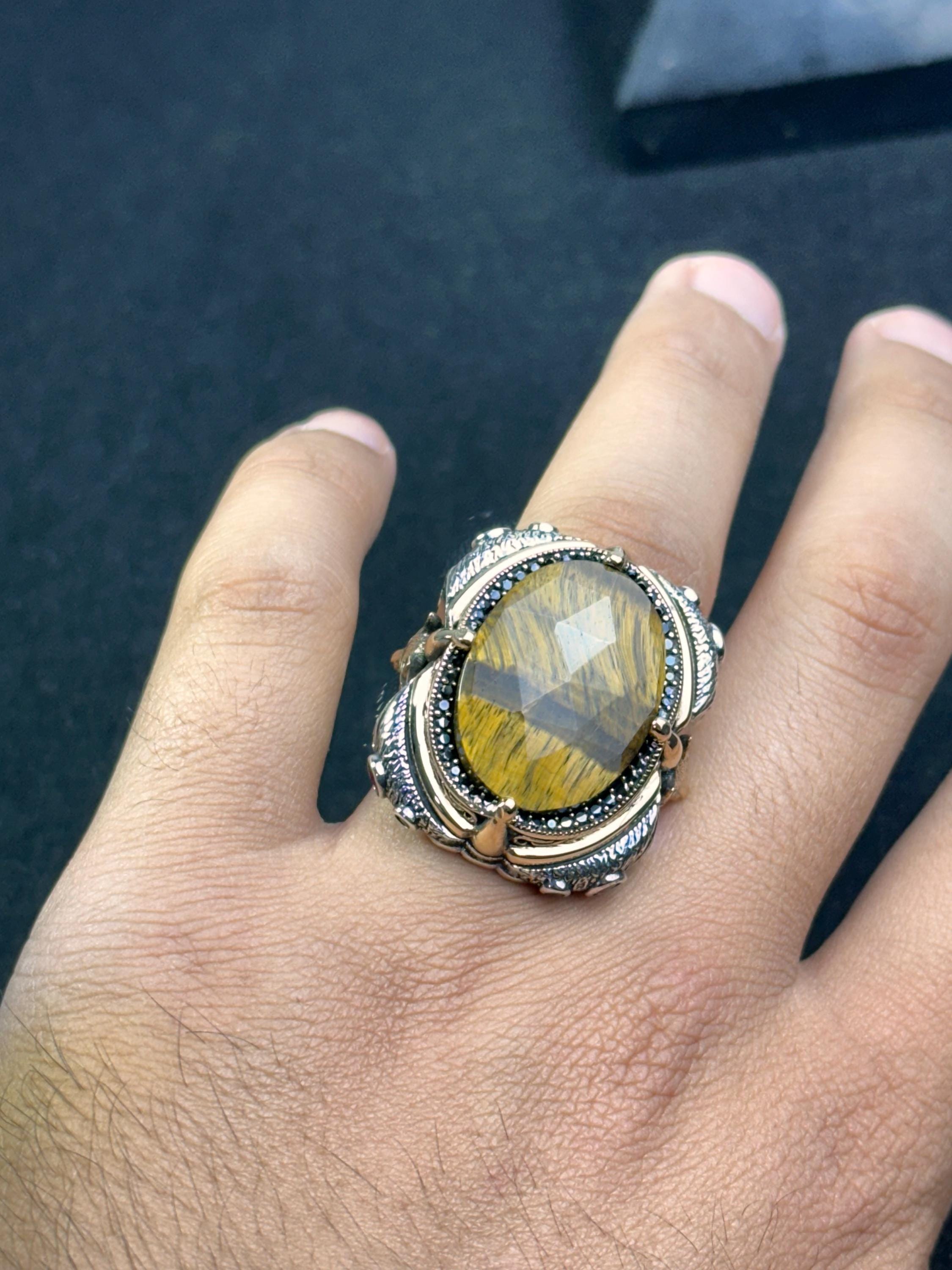 Men's Tiger's Eye Ring: Handmade Silver - Bold Gemstone Design