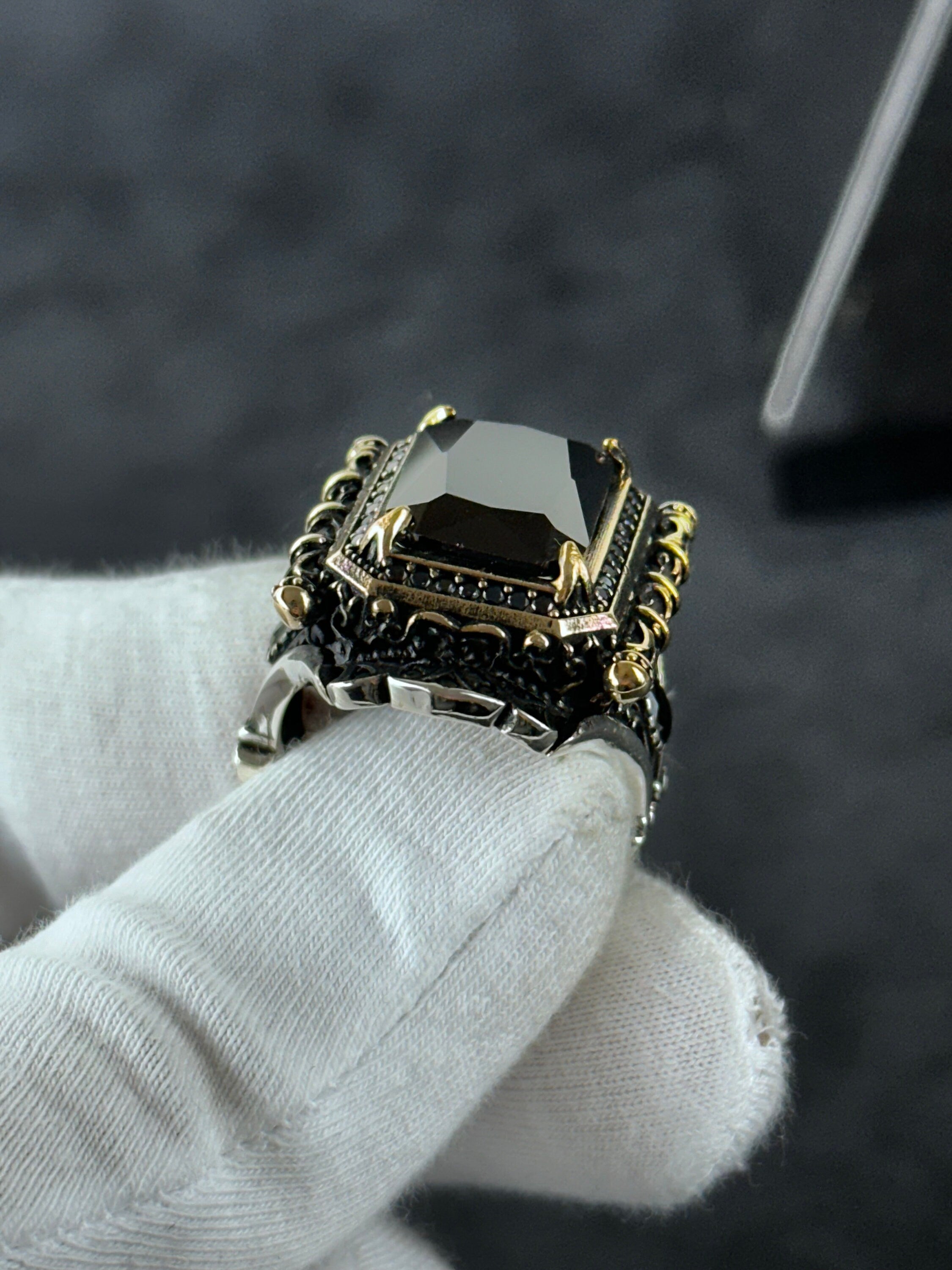 Black Zircon Sterling Silver Ring: Handcrafted Engraved Design