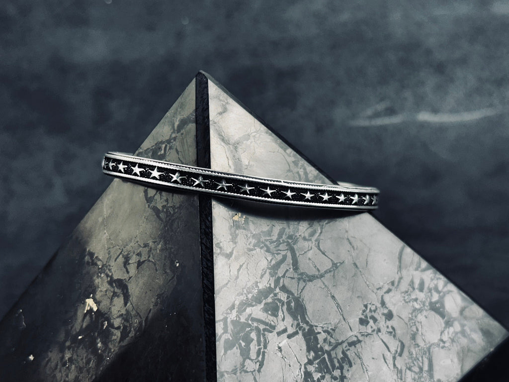 Star Embroidered Silver Bangle: Handmade Adjustable Sterling Cuff