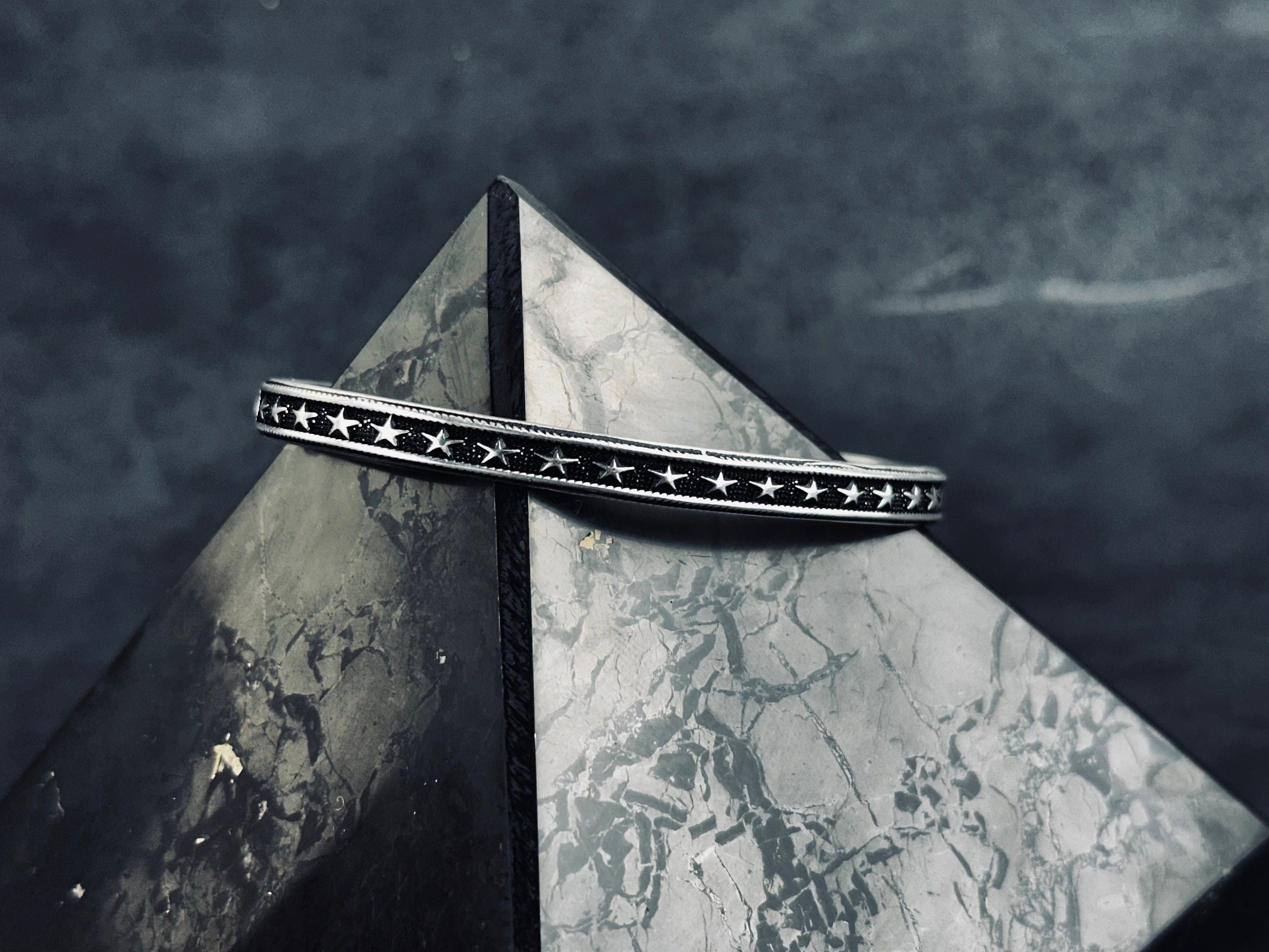 Star Embroidered Silver Bangle: Handmade Adjustable Sterling Cuff