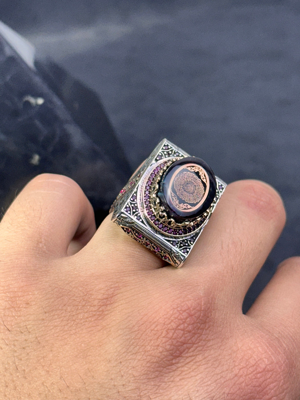 Sterling Silver Amber Ring - Handmade Arabic Inshirah Statement