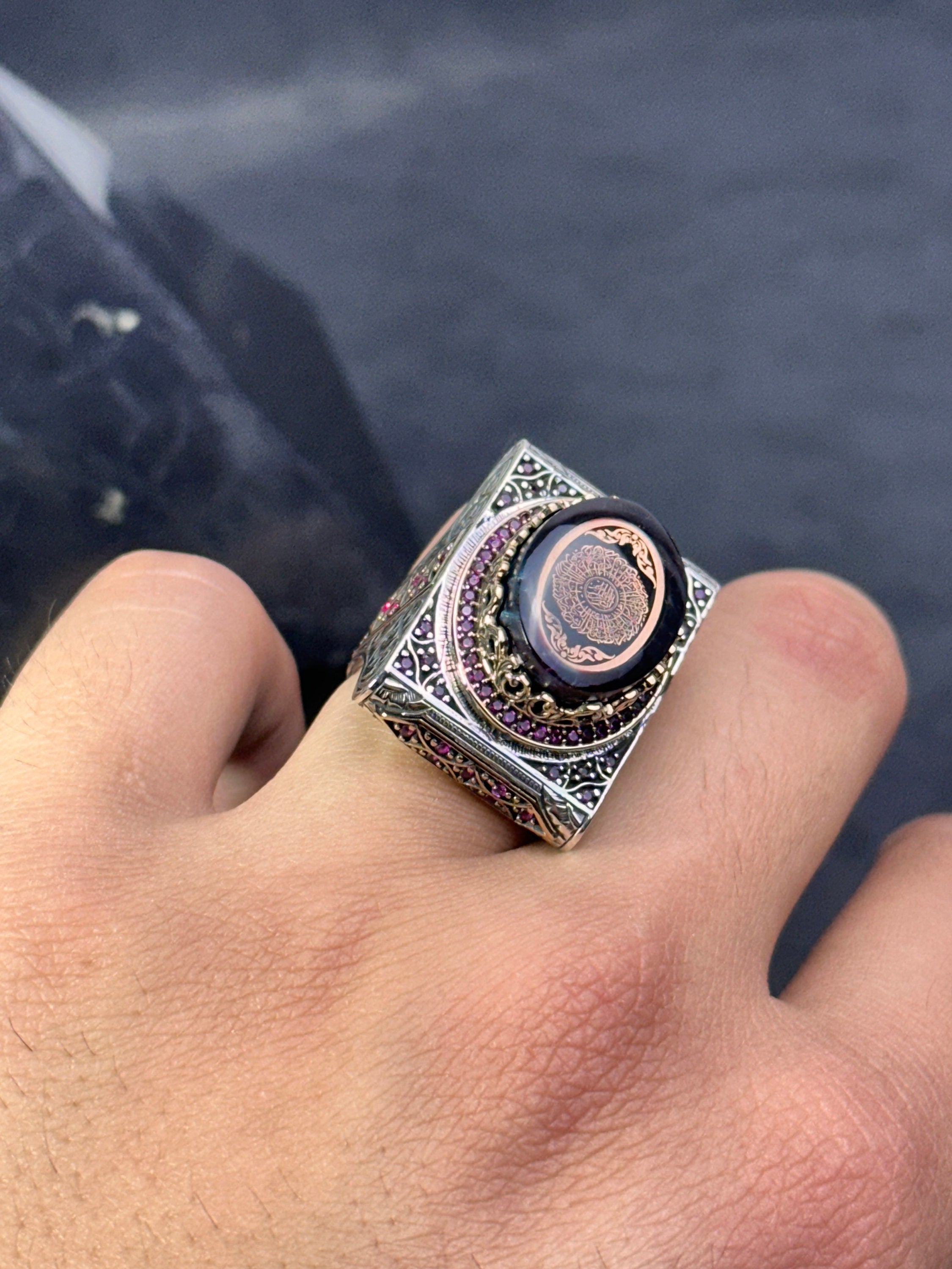 Sterling Silver Amber Ring - Handmade Arabic Inshirah Statement